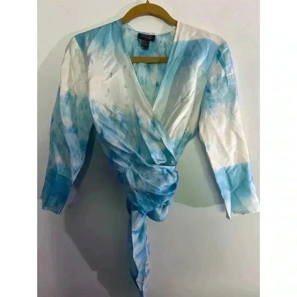 Lafayette 148 NY sold at Anthropologie blue and white tie dye shibori wrap shirt